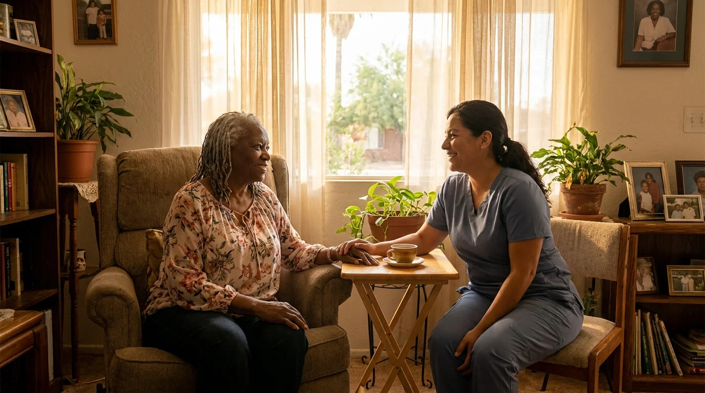 Nurse in soft scrubs sitting with an older woman in a sunlit living room, holding her hand