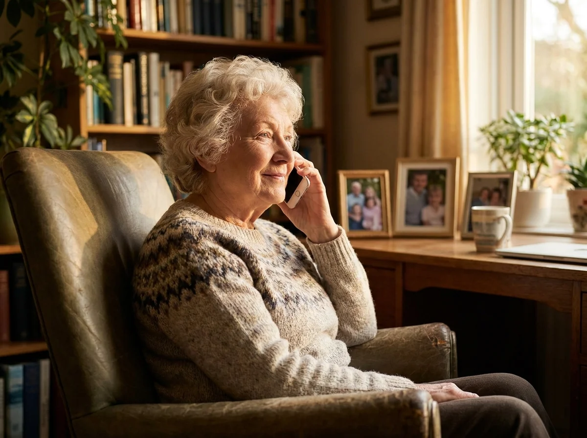 Older woman sitting comfortably at home speaking on the phone, appearing calm and hopeful