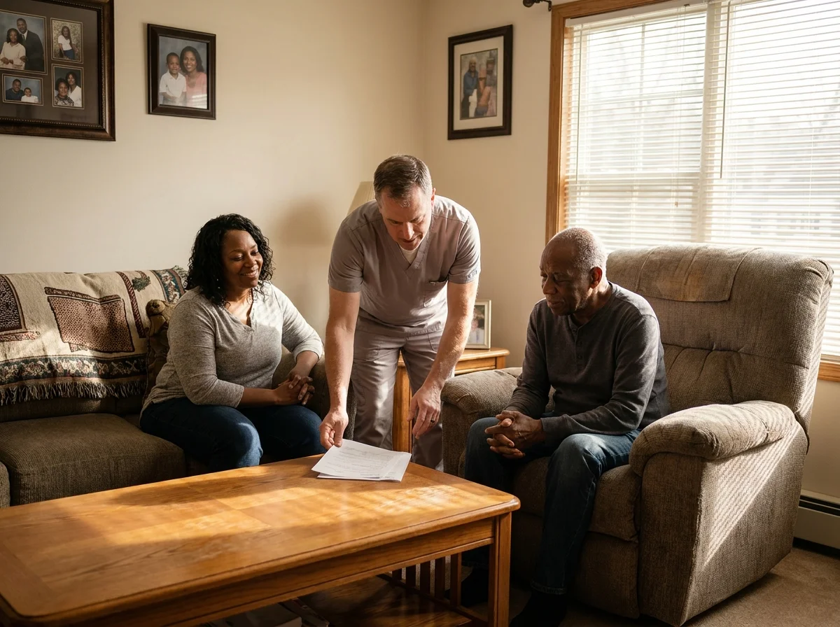 Caregiver standing beside an older man in a living room recliner while his adult daughter sits nearby, all reviewing a care plan on a coffee table