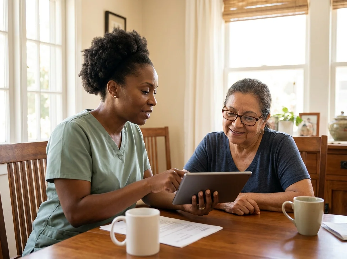 Nurse sitting at a dining table with an older woman, reviewing a care plan together on a clipboard while daylight fills the room