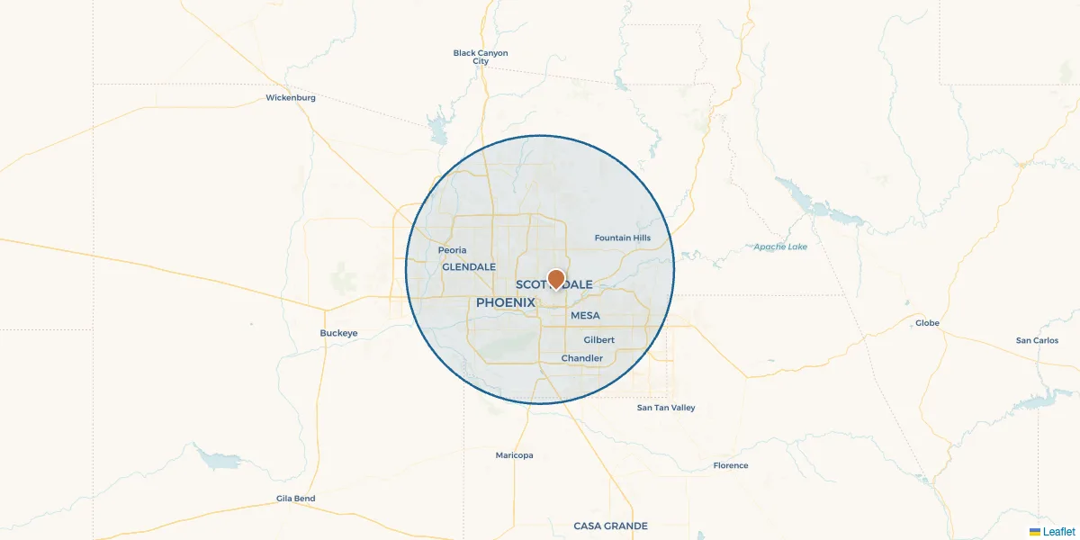 Map of the Phoenix metro area showing Homestead Health's in-home care service area, covering Phoenix, Scottsdale, Mesa, Tempe, Chandler, Gilbert, Glendale, and Peoria.