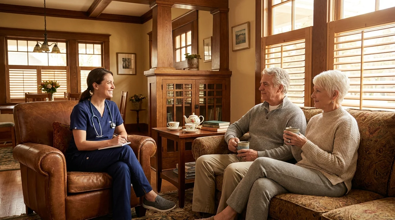 A friendly physician sitting unhurried with a senior couple in their warm Phoenix living room