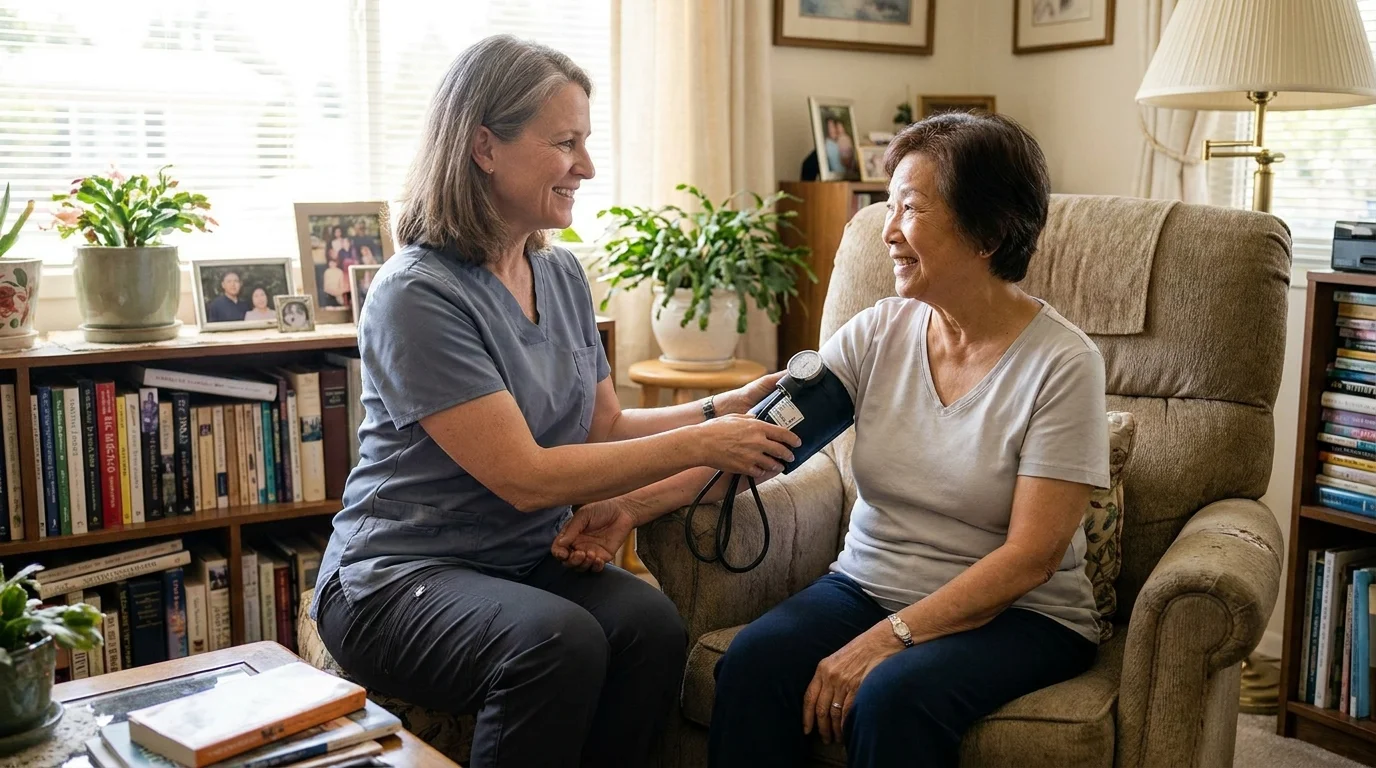 Doctor in soft scrubs gently checking blood pressure for a senior man at his sunlit kitchen table