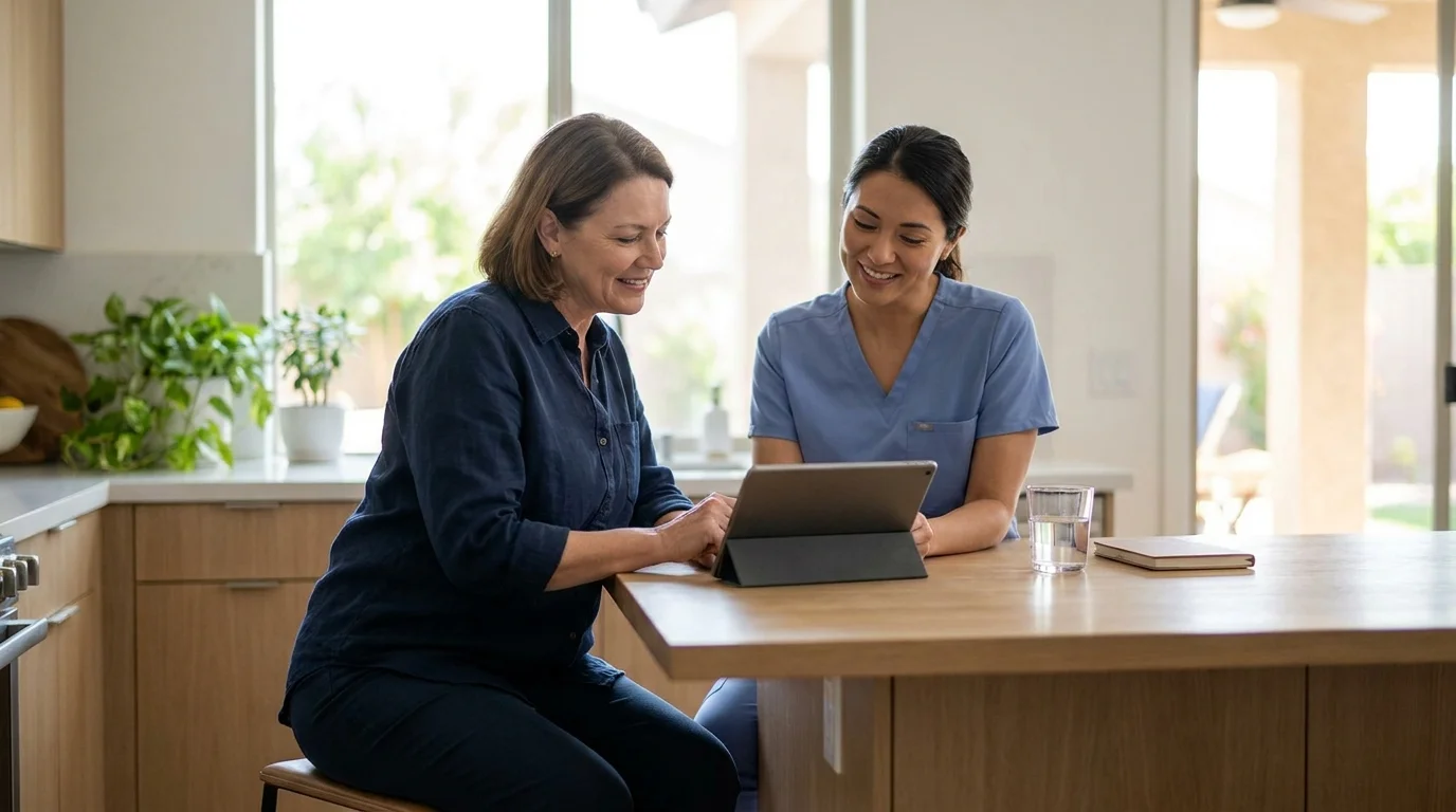 A woman in her early 50s consulting with a nurse practitioner over a tablet at a sunlit kitchen island