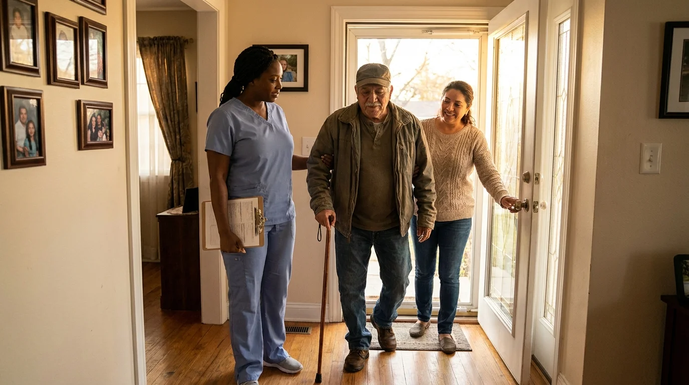 Care provider helping a senior settle in at home after a hospital stay, reviewing medications together