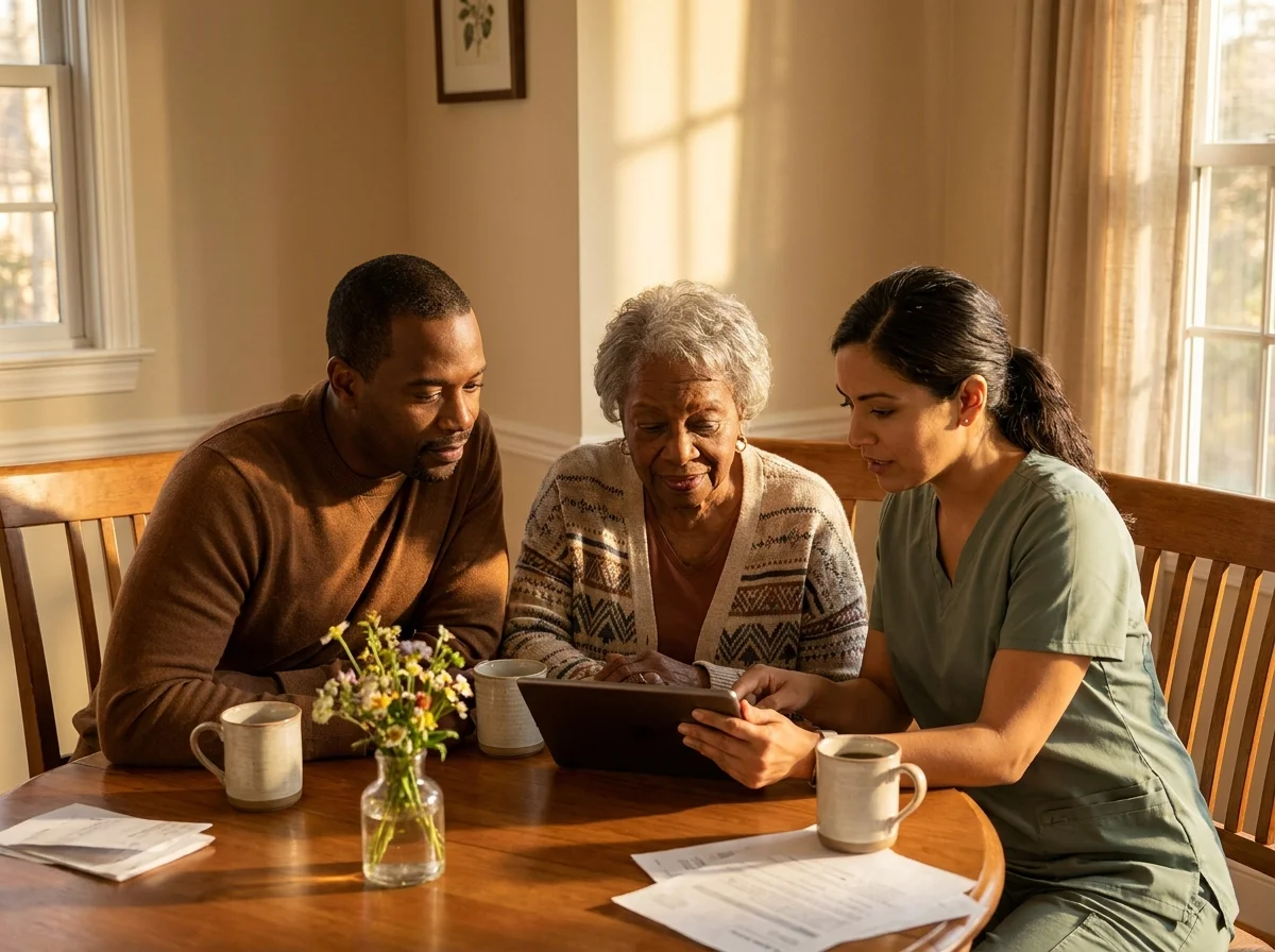 Senior parent, adult daughter, and nurse reviewing a care plan together at the dining table